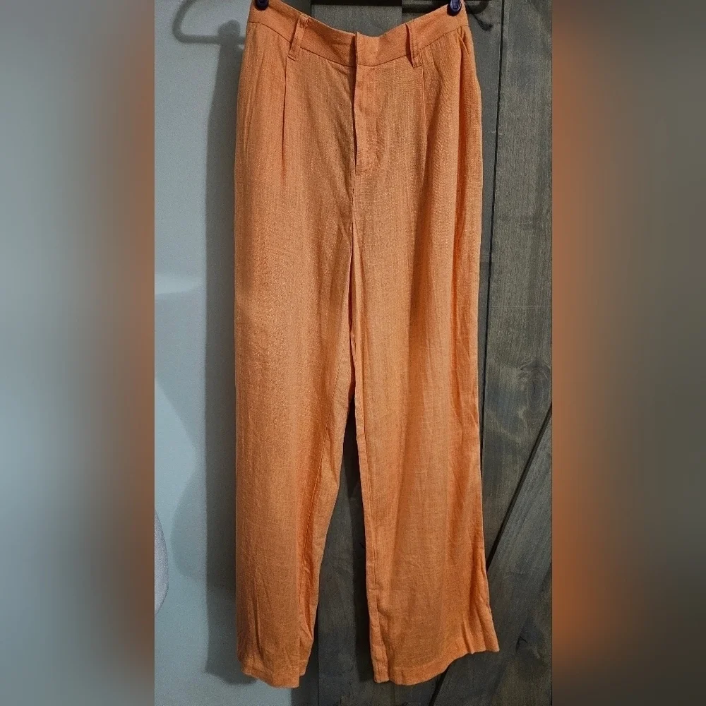 H&M Linen Blend Pleated Tailored Trousers In Orange. Size Small NWT